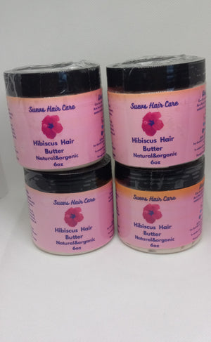6oz jar of Hibiscus Hair Butter made with hibiscus-infuse oil, shea butter, mango butter, and essential oils to moisturize and strengthen hair.