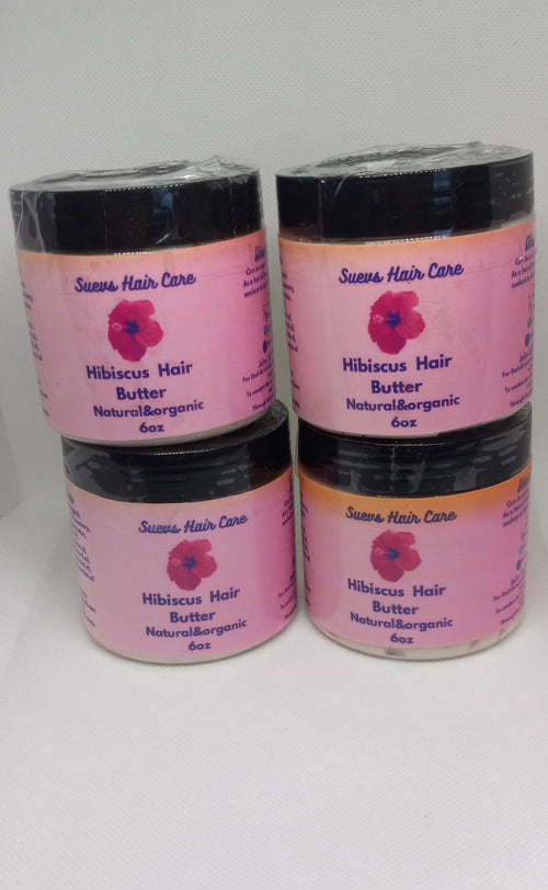 6oz jar of Hibiscus Hair Butter made with hibiscus-infuse oil, shea butter, mango butter, and essential oils to moisturize and strengthen hair.