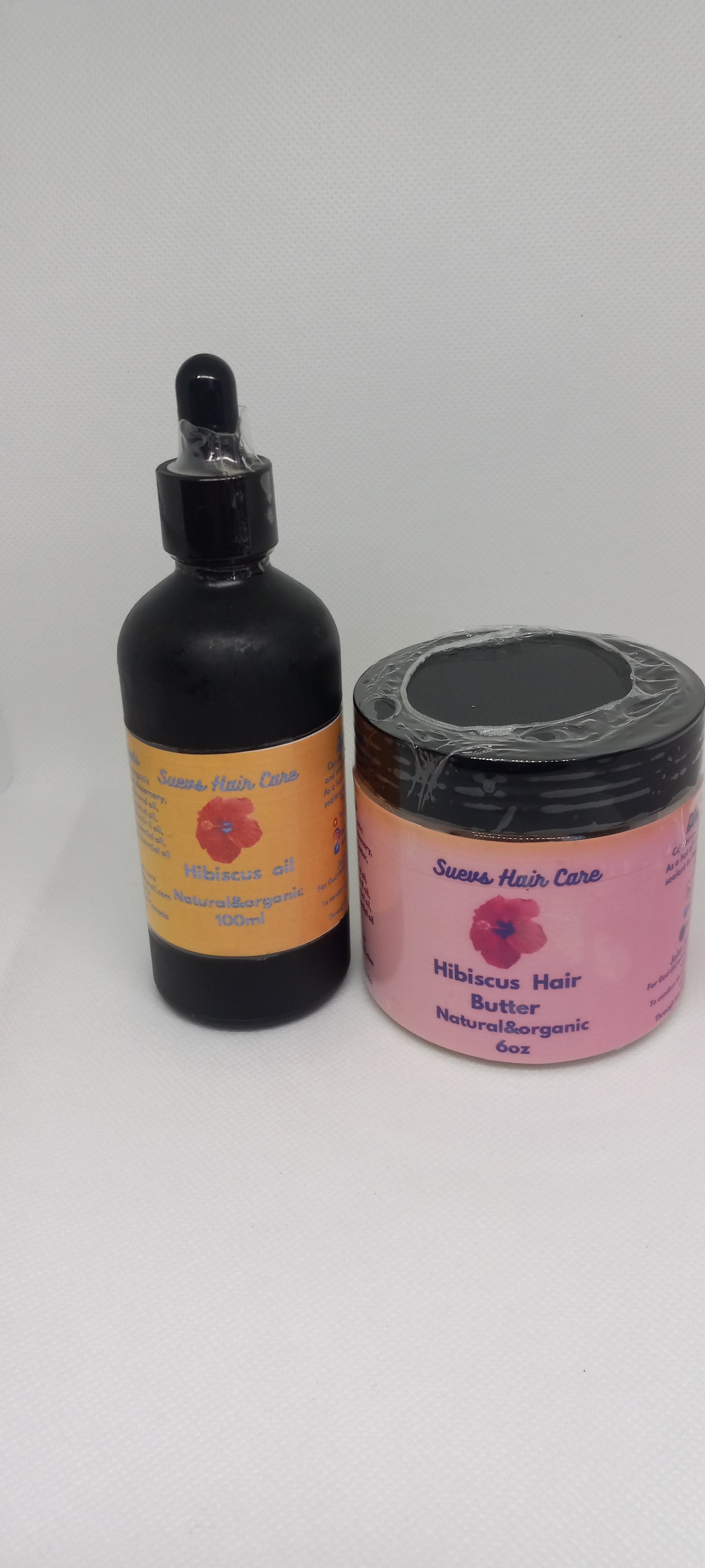 100ml cold-infused Hibiscus Hair Oil and 6oz Hibiscus butter enriched with hibiscus petals and essentials o support healthy, moisturized hair.