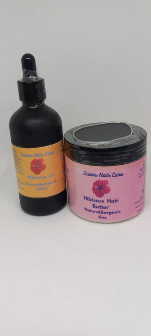 Hibiscus Hair Care Set with 100ml Hibiscus Oil and 6oz Hibiscus Hair Butter for hair growth, moisture, and scalp nourishment.