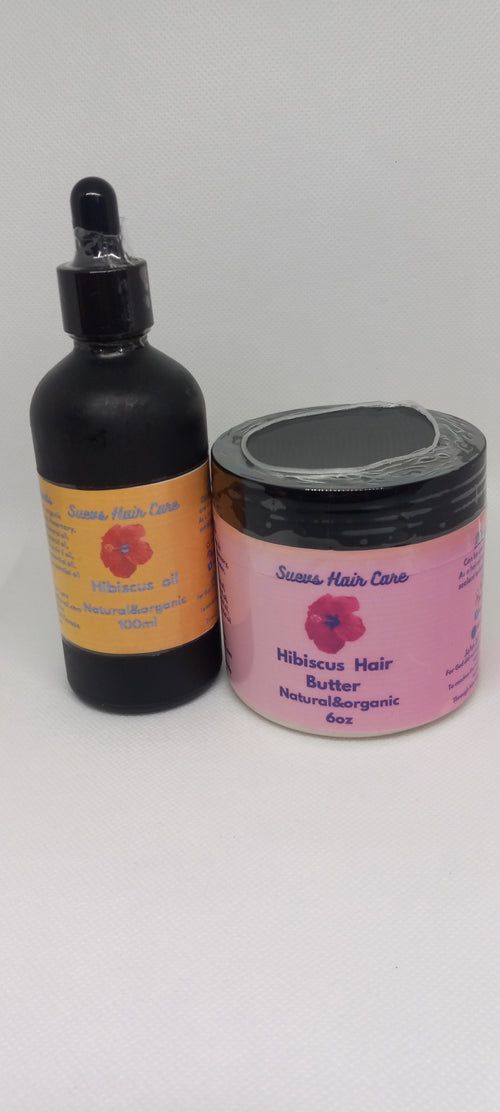 Hibiscus Hair Care Set with 100ml Hibiscus Oil and 6oz Hibiscus Hair Butter for hair growth, moisture, and scalp nourishment.